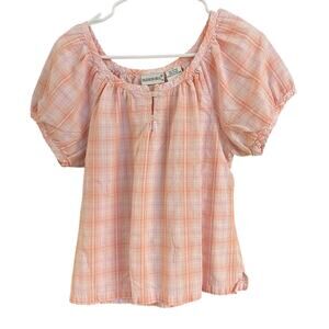 Fashion Bug Women’s Boho Plaid Peasant Top Size L Vintage Pink/Orange